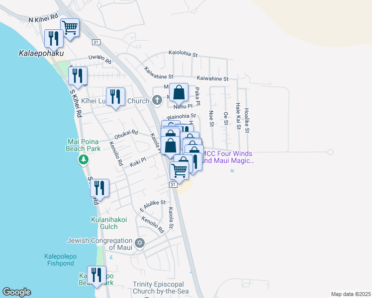 map of restaurants, bars, coffee shops, grocery stores, and more near 304 Palanehe Street in Kihei