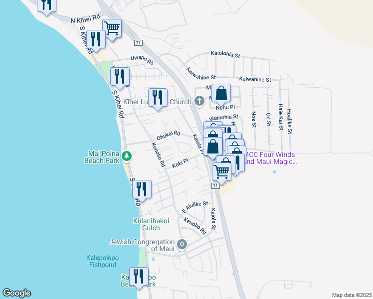 map of restaurants, bars, coffee shops, grocery stores, and more near 391 Kinaole Circle in Kihei