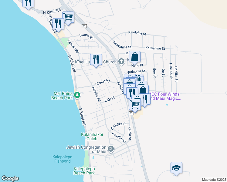 map of restaurants, bars, coffee shops, grocery stores, and more near 391 Kinaole Circle in Kihei