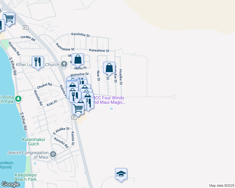 map of restaurants, bars, coffee shops, grocery stores, and more near 361 Hale Kai Street in Kihei