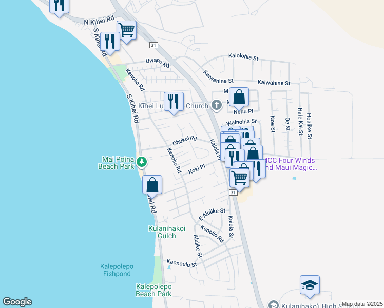 map of restaurants, bars, coffee shops, grocery stores, and more near 350 Kinaole Circle in Kihei