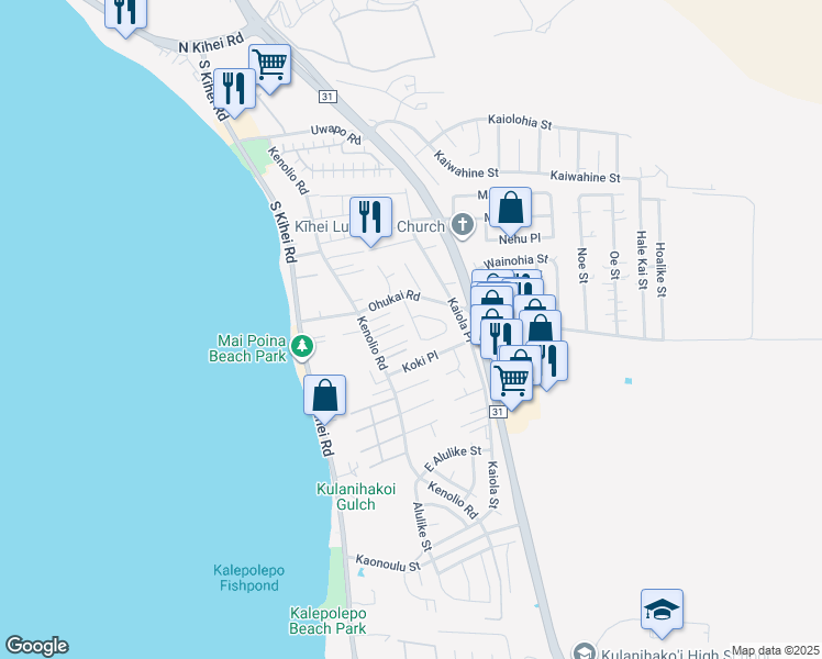 map of restaurants, bars, coffee shops, grocery stores, and more near 350 Kinaole Circle in Kihei