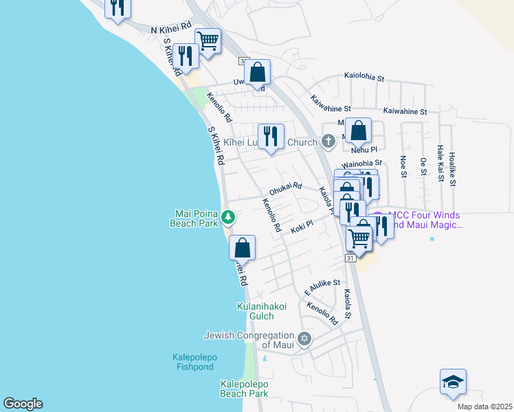 map of restaurants, bars, coffee shops, grocery stores, and more near 55 Kalola Place in Kihei