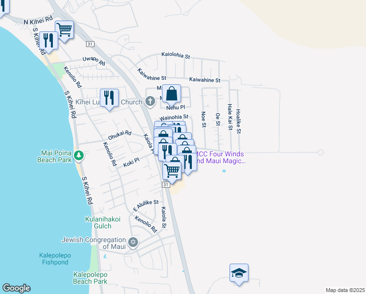 map of restaurants, bars, coffee shops, grocery stores, and more near 348 Huaka Street in Kihei