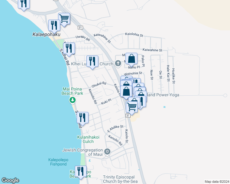 map of restaurants, bars, coffee shops, grocery stores, and more near 412 Kinaole Circle in Kihei