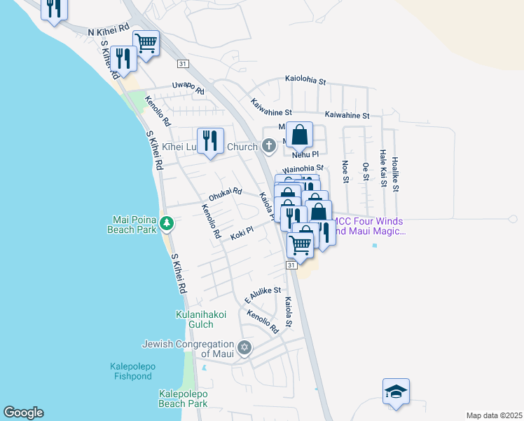 map of restaurants, bars, coffee shops, grocery stores, and more near 412 Kinaole Circle in Kihei