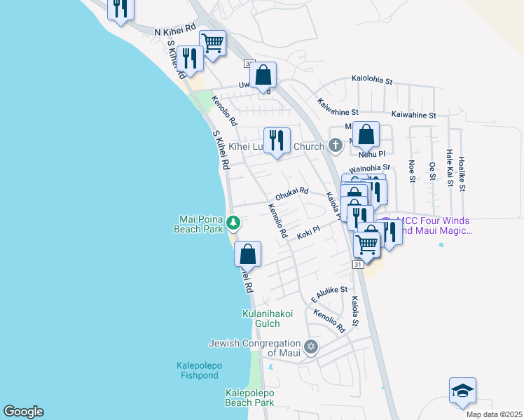 map of restaurants, bars, coffee shops, grocery stores, and more near 55 Kalola Place in Kihei