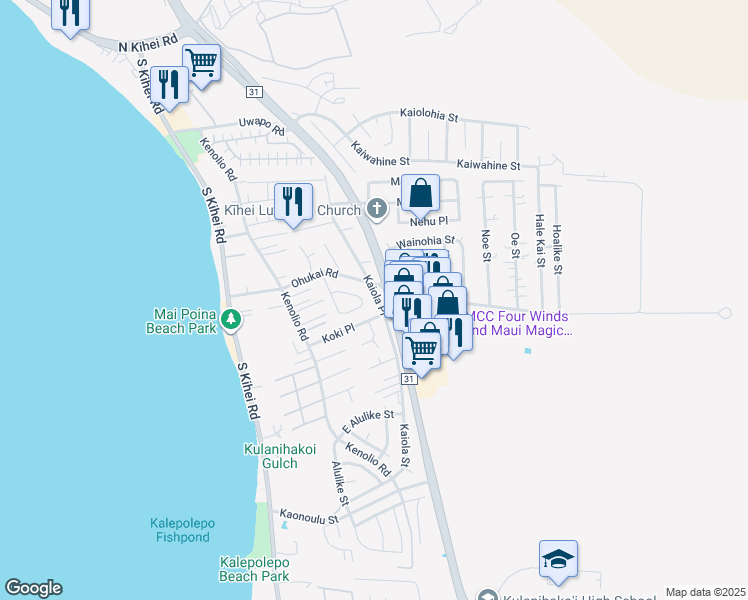 map of restaurants, bars, coffee shops, grocery stores, and more near 356 Kaiola Place in Kihei