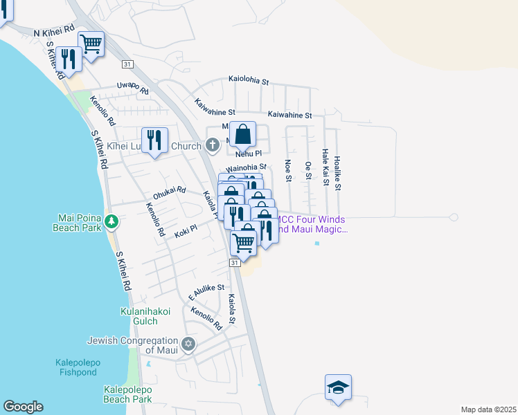 map of restaurants, bars, coffee shops, grocery stores, and more near 348 Huaka Street in Kihei