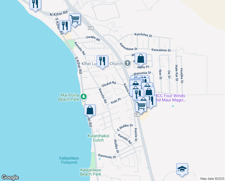map of restaurants, bars, coffee shops, grocery stores, and more near 342 Kinaole Circle in Kihei