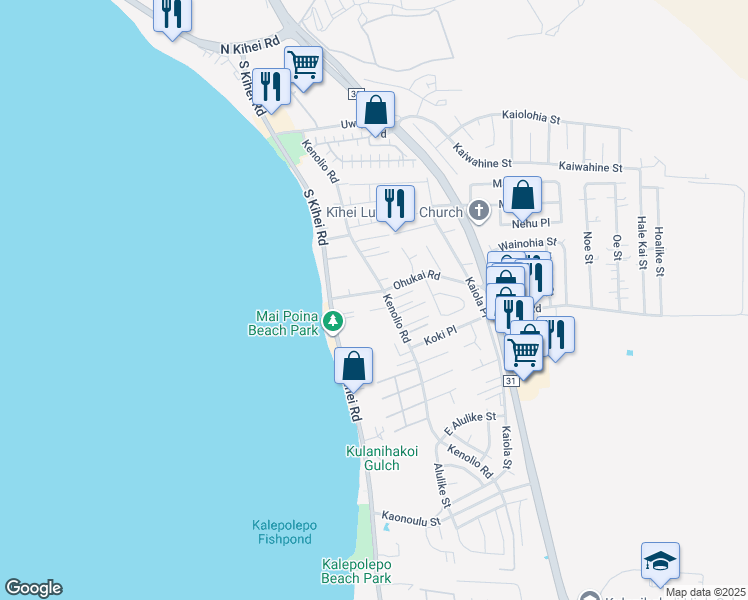 map of restaurants, bars, coffee shops, grocery stores, and more near 62 Ohukai Road in Kihei