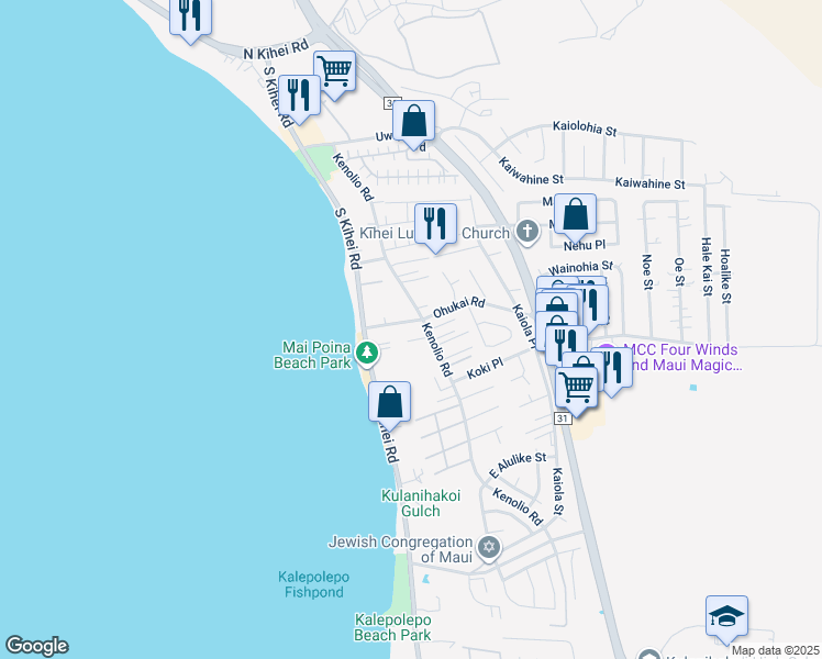 map of restaurants, bars, coffee shops, grocery stores, and more near 62 Ohukai Road in Kihei