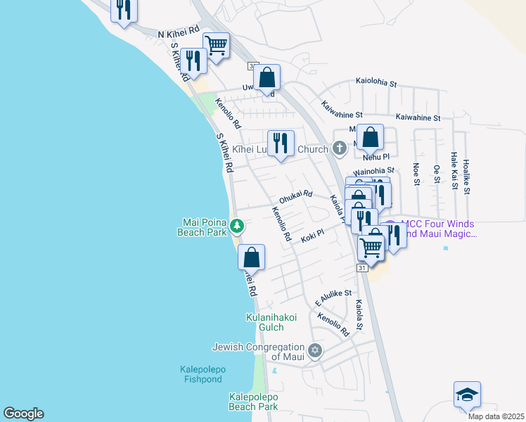 map of restaurants, bars, coffee shops, grocery stores, and more near 56 Ohukai Road in Kihei
