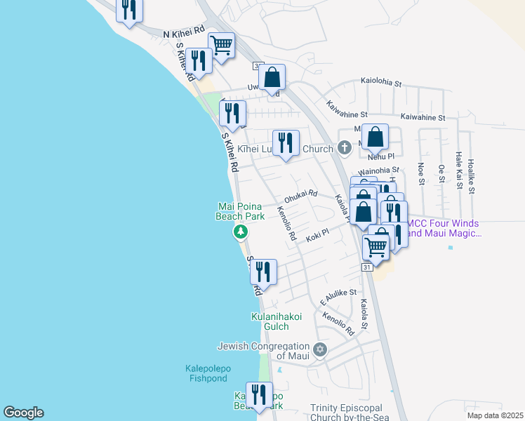 map of restaurants, bars, coffee shops, grocery stores, and more near 46 Ohukai Rd in Kihei