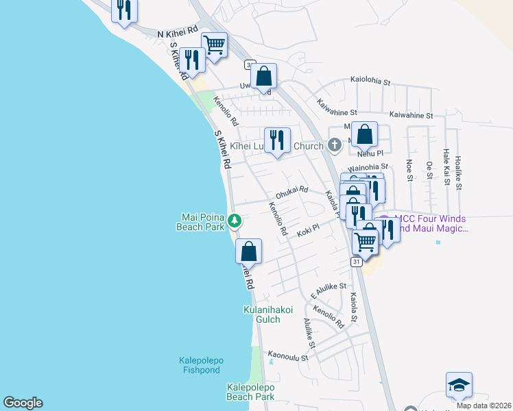map of restaurants, bars, coffee shops, grocery stores, and more near 46 Ohukai Road in Kihei
