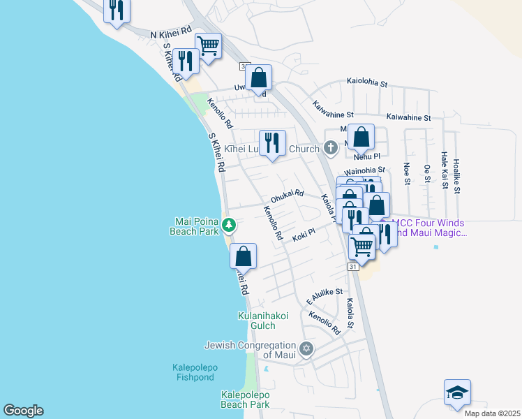 map of restaurants, bars, coffee shops, grocery stores, and more near 68 Ohukai Road in Kihei