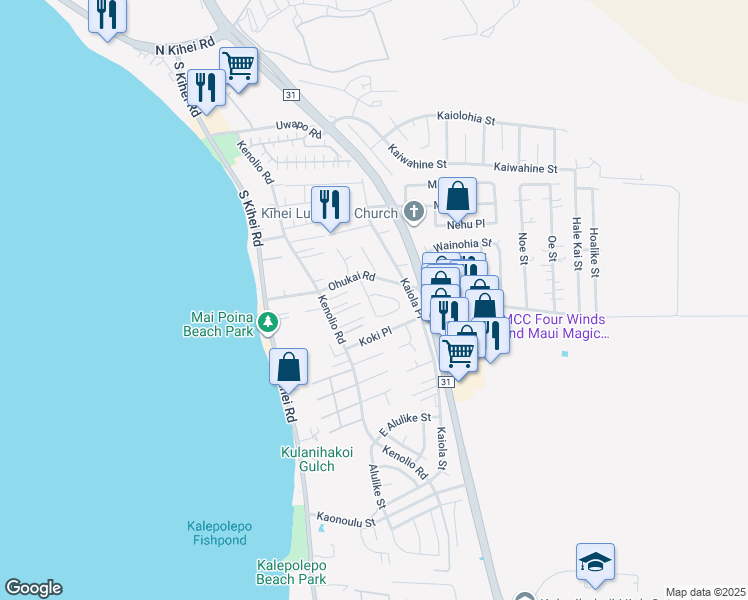 map of restaurants, bars, coffee shops, grocery stores, and more near 451 Kinaole Circle in Kihei