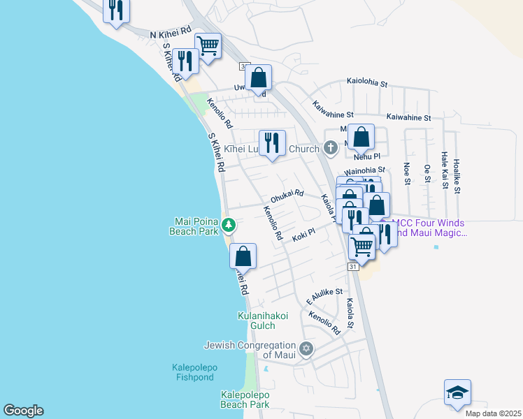 map of restaurants, bars, coffee shops, grocery stores, and more near 68 Ohukai Road in Kihei