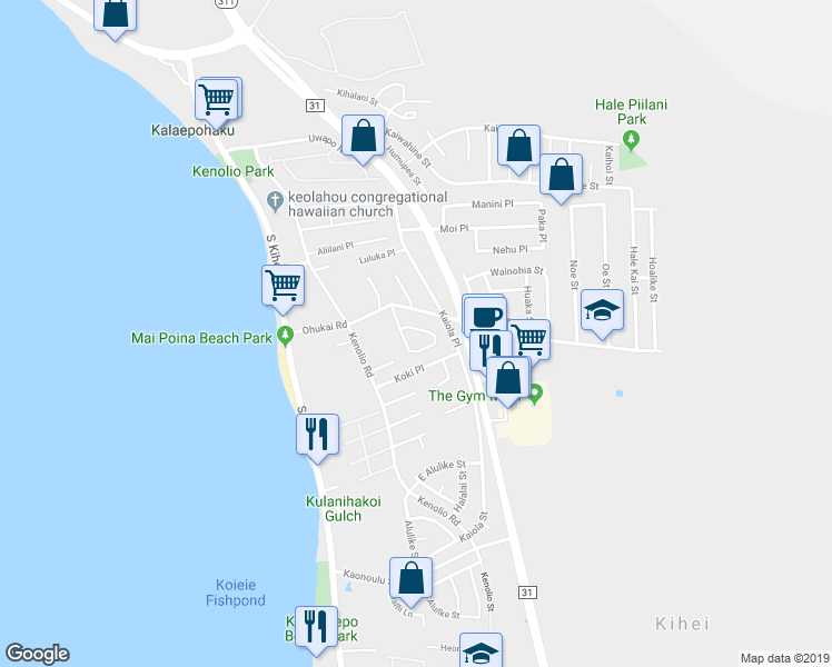 map of restaurants, bars, coffee shops, grocery stores, and more near 443 Kinaole Circle in Kihei
