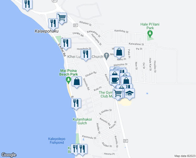 map of restaurants, bars, coffee shops, grocery stores, and more near 451 Kinaole Circle in Kihei