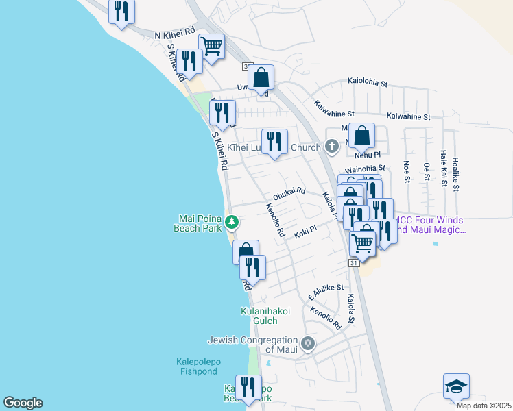 map of restaurants, bars, coffee shops, grocery stores, and more near 56 Ohukai Road in Kihei
