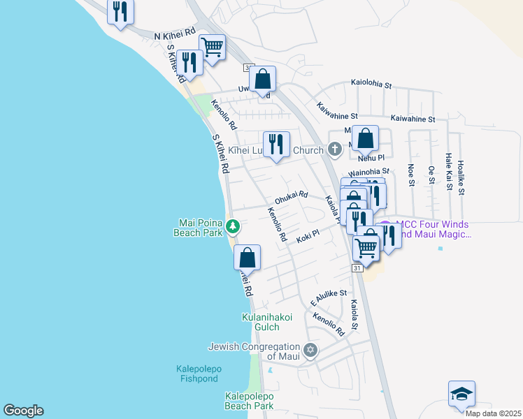 map of restaurants, bars, coffee shops, grocery stores, and more near 62 Ohukai Road in Kihei
