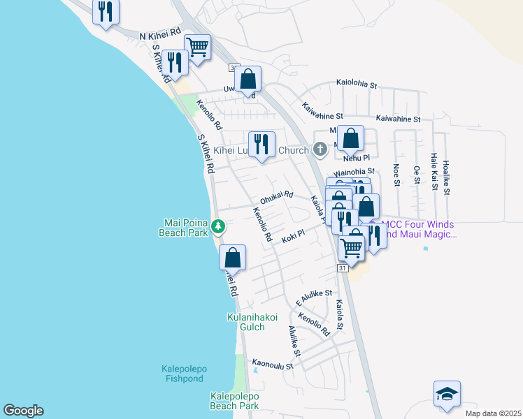 map of restaurants, bars, coffee shops, grocery stores, and more near 349 Kenolio Road in Kihei