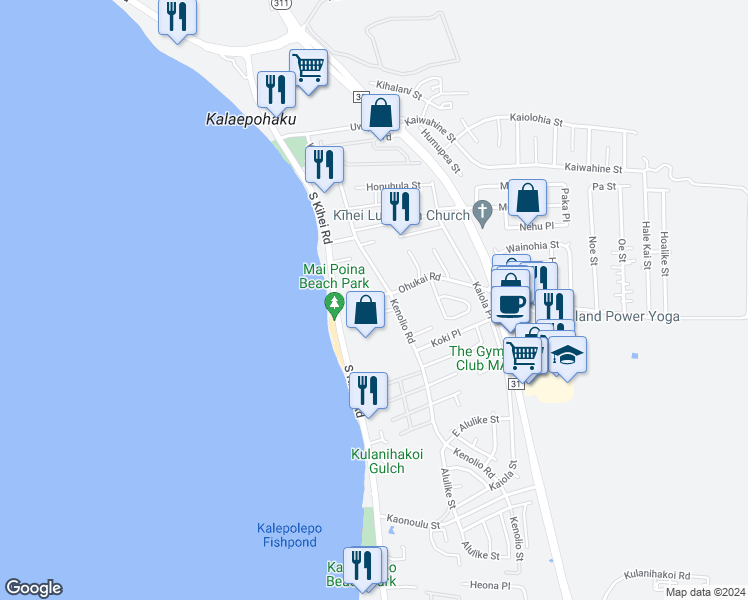 map of restaurants, bars, coffee shops, grocery stores, and more near 56 Ohukai Road in Kihei