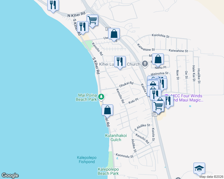map of restaurants, bars, coffee shops, grocery stores, and more near 56 Ohukai Road in Kihei