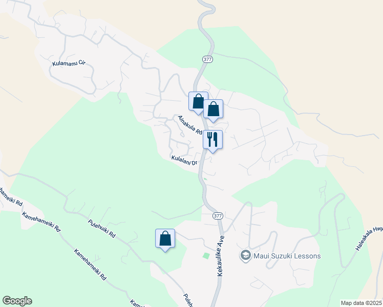 map of restaurants, bars, coffee shops, grocery stores, and more near 135 Kulalani Circle in Kula