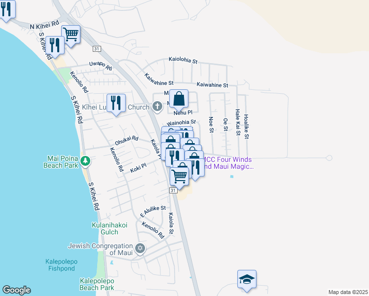map of restaurants, bars, coffee shops, grocery stores, and more near 304 Palanehe Street in Kihei