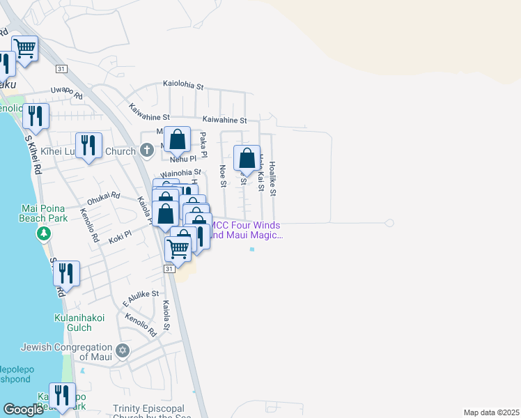 map of restaurants, bars, coffee shops, grocery stores, and more near 346 Hale Kai St in Kihei