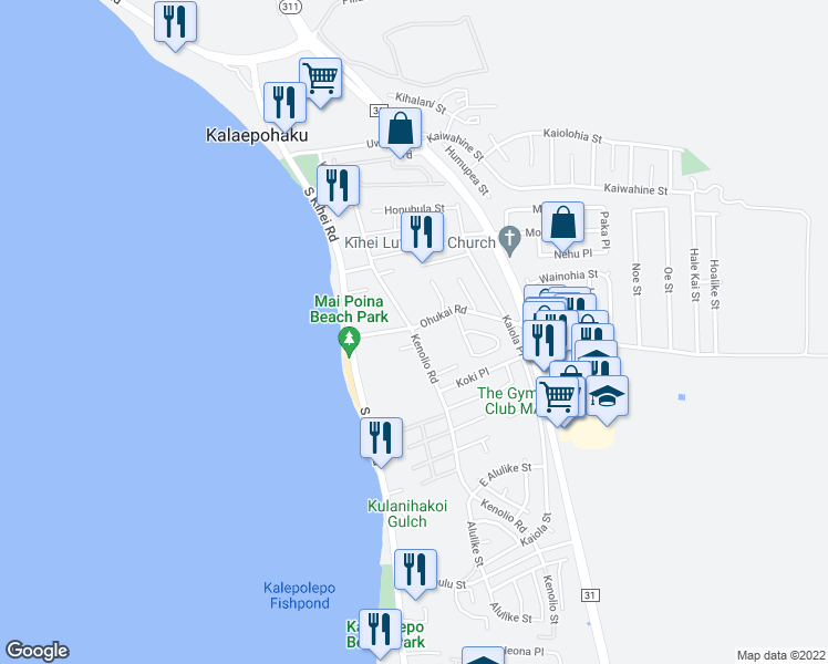 map of restaurants, bars, coffee shops, grocery stores, and more near 343 Kenolio Road in Kihei