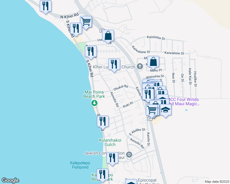 map of restaurants, bars, coffee shops, grocery stores, and more near 349B Kenolio Road in Kihei