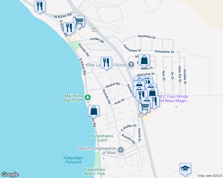map of restaurants, bars, coffee shops, grocery stores, and more near 359 Kenolio Road in Kihei
