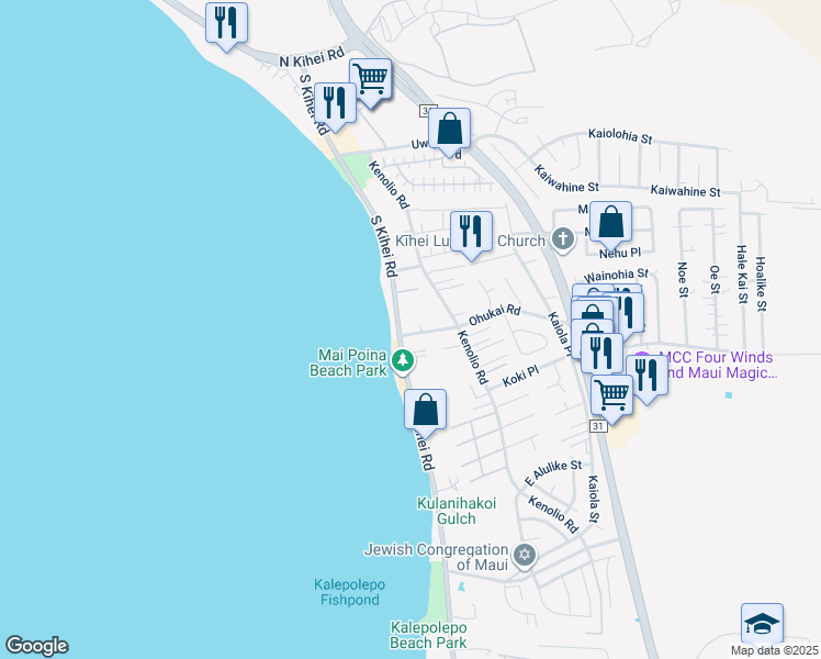 map of restaurants, bars, coffee shops, grocery stores, and more near 15 Ohukai Road in Kihei