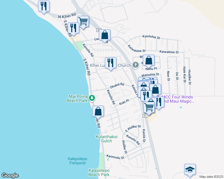 map of restaurants, bars, coffee shops, grocery stores, and more near 349 Kenolio Road in Kihei
