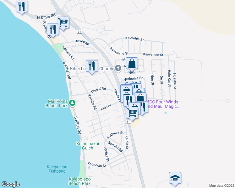 map of restaurants, bars, coffee shops, grocery stores, and more near Kaiola Place in Kihei