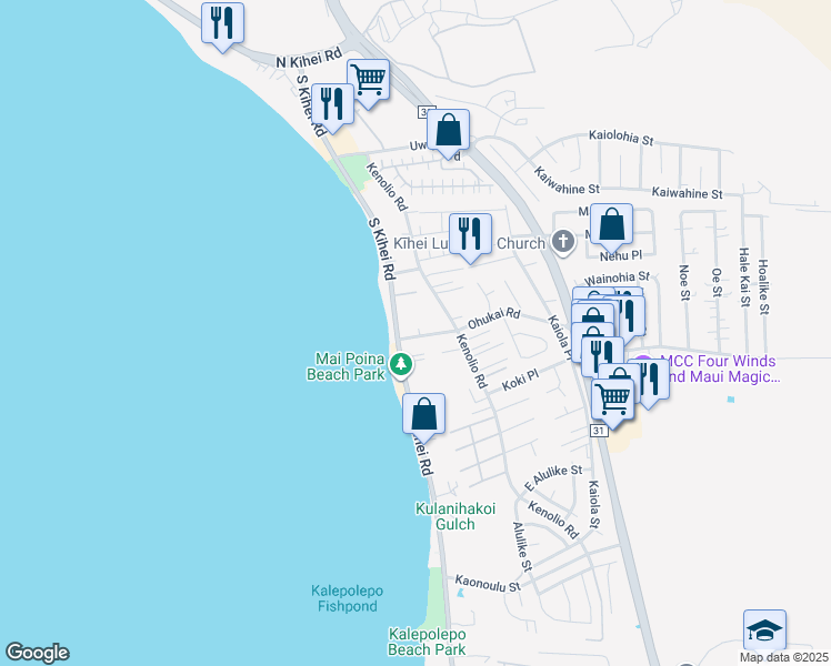 map of restaurants, bars, coffee shops, grocery stores, and more near 21 Ohukai Road in Kihei