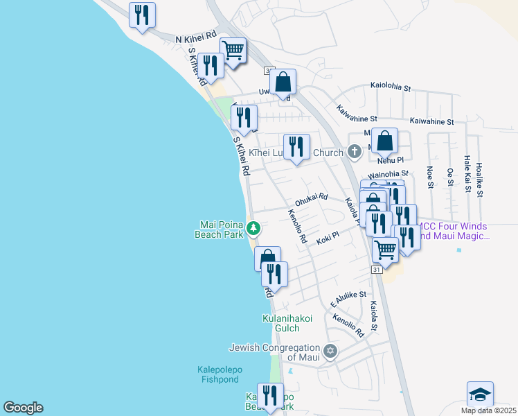 map of restaurants, bars, coffee shops, grocery stores, and more near 15 Ohukai Road in Kihei