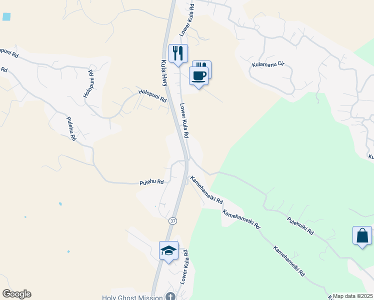map of restaurants, bars, coffee shops, grocery stores, and more near 3206 Lower Kula Road in Kula