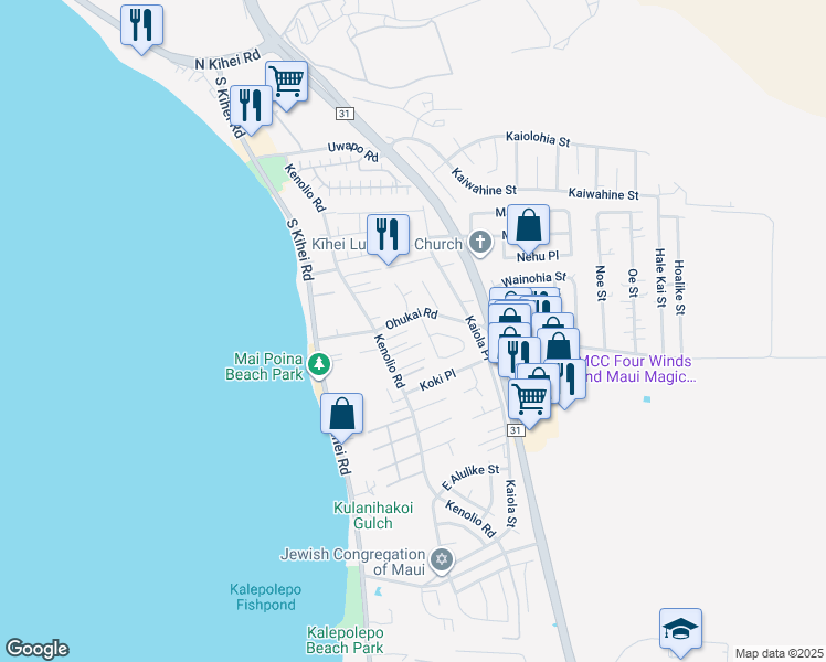 map of restaurants, bars, coffee shops, grocery stores, and more near 359 Kenolio Road in Kihei