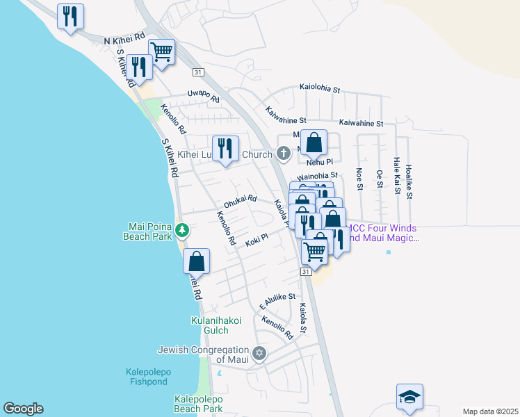 map of restaurants, bars, coffee shops, grocery stores, and more near 446 Kinaole Circle in Kihei
