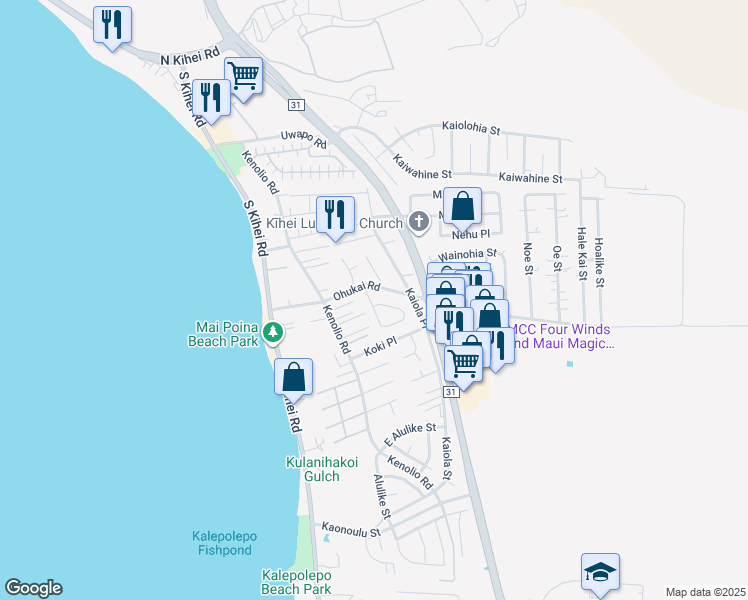 map of restaurants, bars, coffee shops, grocery stores, and more near 460 Kinaole Circle in Kihei