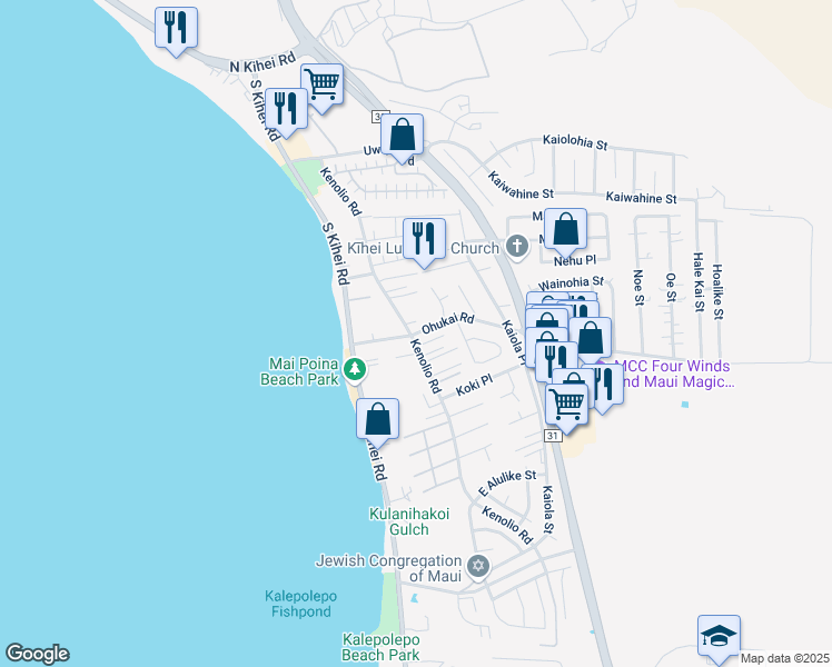 map of restaurants, bars, coffee shops, grocery stores, and more near 349B Kenolio Road in Kihei