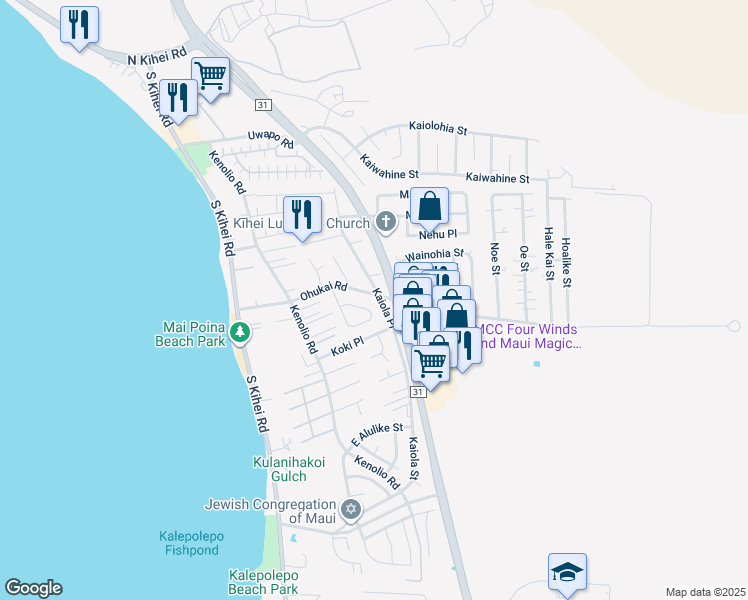map of restaurants, bars, coffee shops, grocery stores, and more near 212 Ohukai Road in Kihei