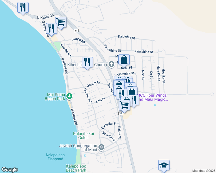 map of restaurants, bars, coffee shops, grocery stores, and more near 212 Ohukai Road in Kihei