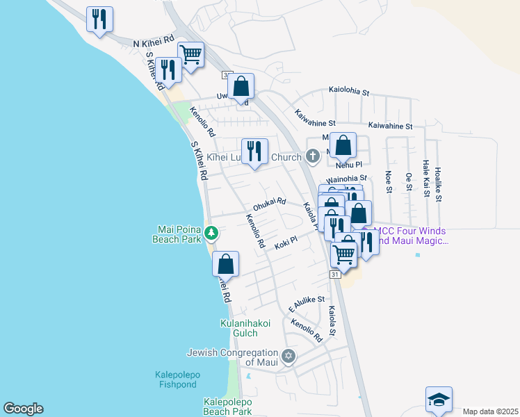 map of restaurants, bars, coffee shops, grocery stores, and more near 343 Kenolio Road in Kihei