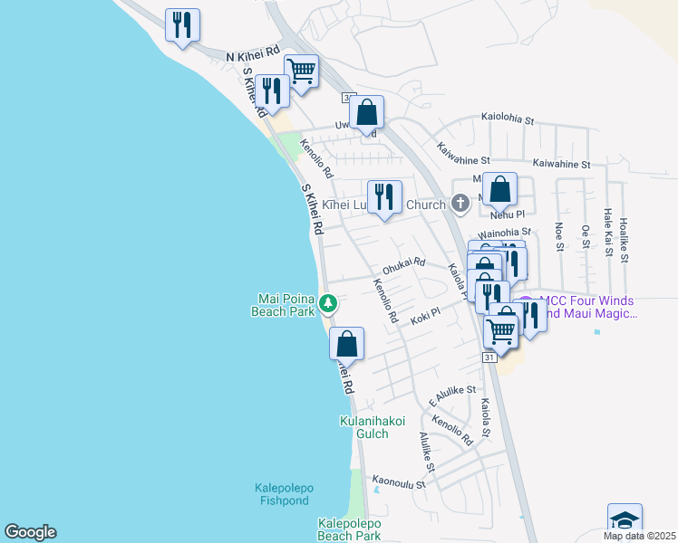 map of restaurants, bars, coffee shops, grocery stores, and more near 25 Ohukai Road in Kihei