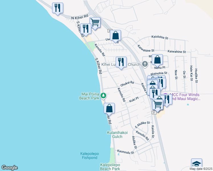 map of restaurants, bars, coffee shops, grocery stores, and more near 25 Ohukai Road in Kihei
